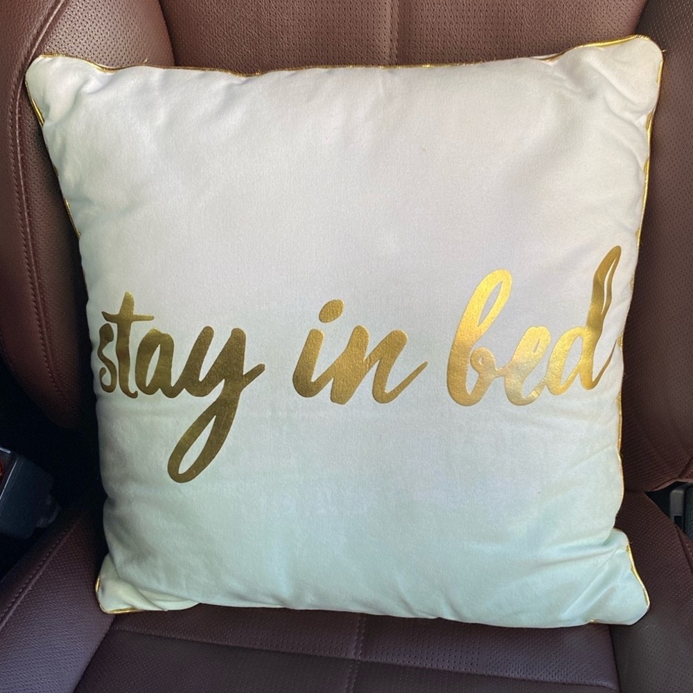 Stay in Bed ombré fade white to sea‎ green square accent pillow with gold trim